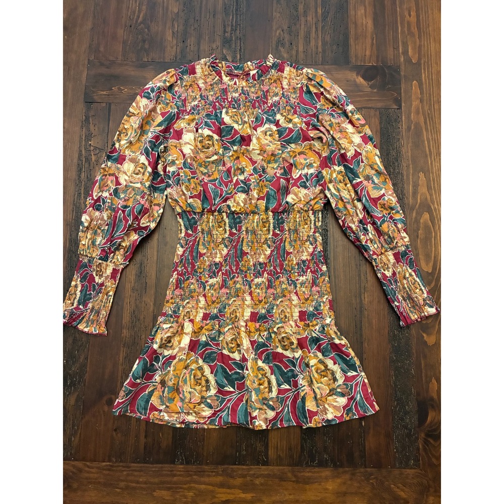 Listicle Smocked Mini Dress Floral Long Sleeve Women's Size Small Maroon Gold